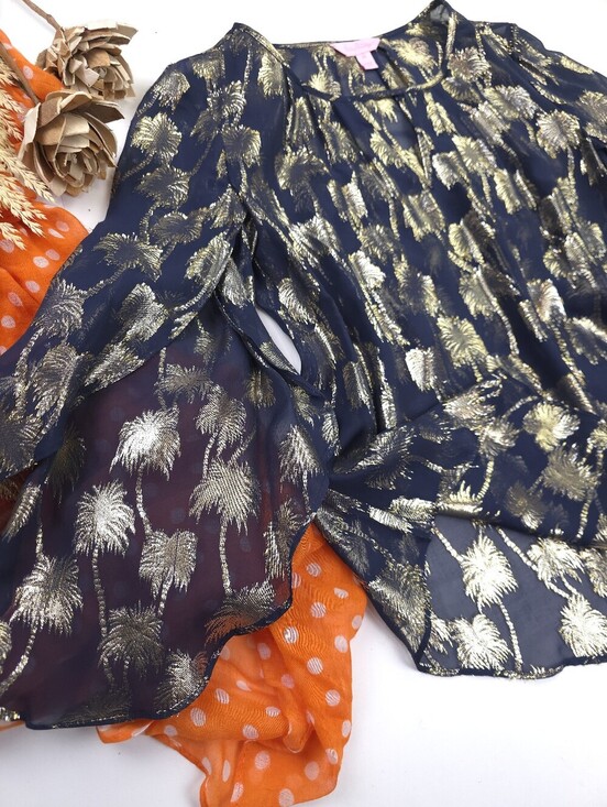 Lilly Pulitzer Dresses & Skirts - Lilly Pullitzer Navy - Gold Palm Accent Sheer Silk Top Size XS